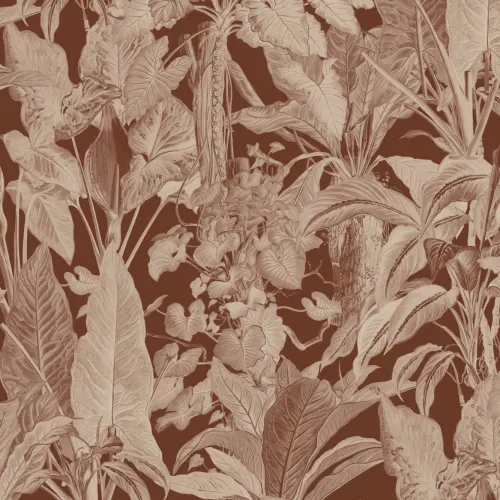 Carta da parati marrone con illustrazione tropicale di piante frondose