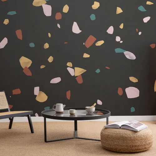 Black Marble Stone Terrazzo Print Wallpaper Mural