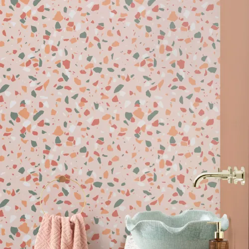 Trendy Green & Orange Terrazzo Repeat Pattern Wallpaper