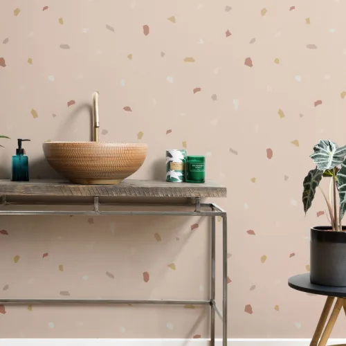 Pink and Neutral Minimal Terrazzo Repeat Pattern Wallpaper