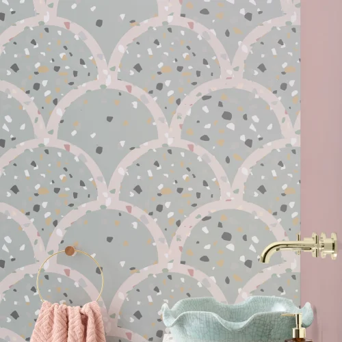 Sage Green Terrazzo Scallop Pattern Wallpaper Mural