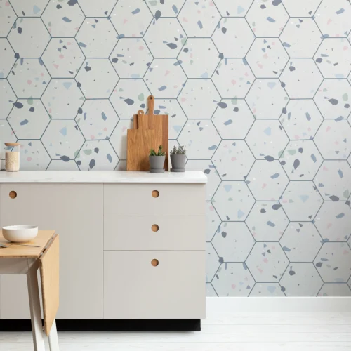 Hexagon Tile Terrazzo Pattern Wallpaper Mural