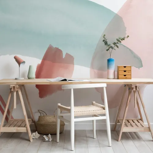 Blauw & Roze Abstract Waterverf Behang Muurschildering