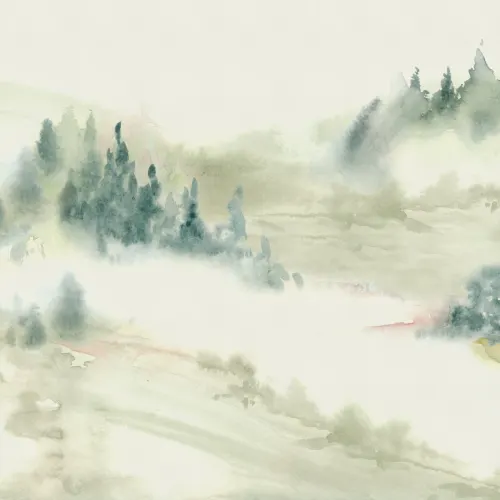 Groen Sereen Landschap Aquarel Muurschildering Voor Rustige Ruimten