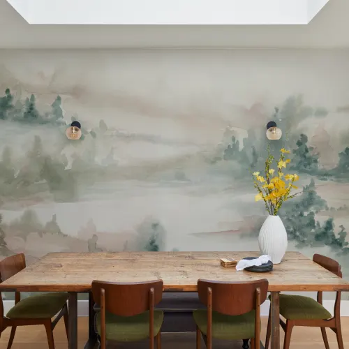 Pastel Fluisterende Natuurlandschap Muurschildering voor Serene Ruimten