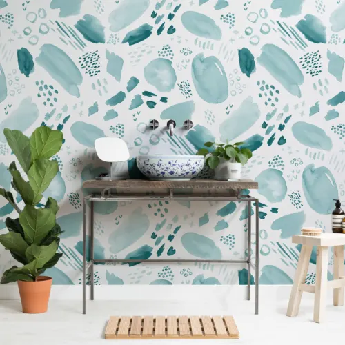 Teal Abstract Waterverf Brush Stroke Patroon Behang Muurschildering