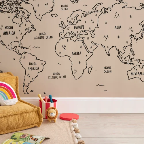 Neutral Illustrated Scandi World Map Wallpaper Mural