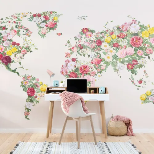 Colourful Abstract Vintage Flower World Map Wallpaper Mural