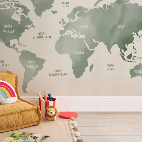 Sage Green & Neutral Watercolor World Map Wallpaper Mural