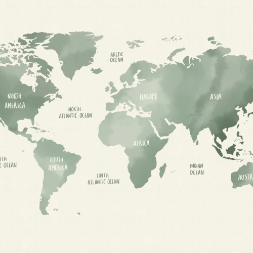 Sage Green & Neutral Watercolor World Map Wallpaper Mural