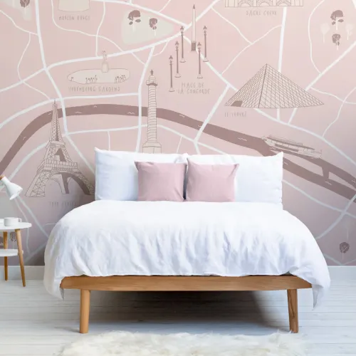 Carta da Parati Rosa con Mappa Illustrata dei Monumenti di Parigi