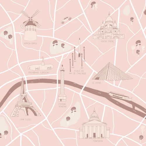 Carta da Parati Rosa con Mappa Illustrata dei Monumenti di Parigi