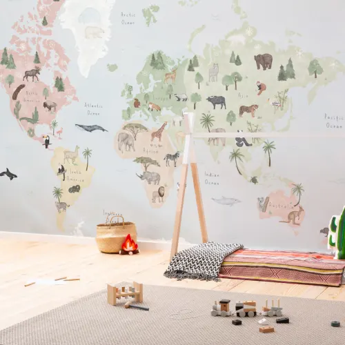 Papel de parede do mapa-múndi de animais coloridos para crianças