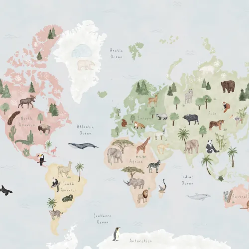 Papel de parede do mapa-múndi de animais coloridos para crianças