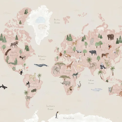 Papel de parede do mapa do mundo dos animais da aguarela das crianças bonitas