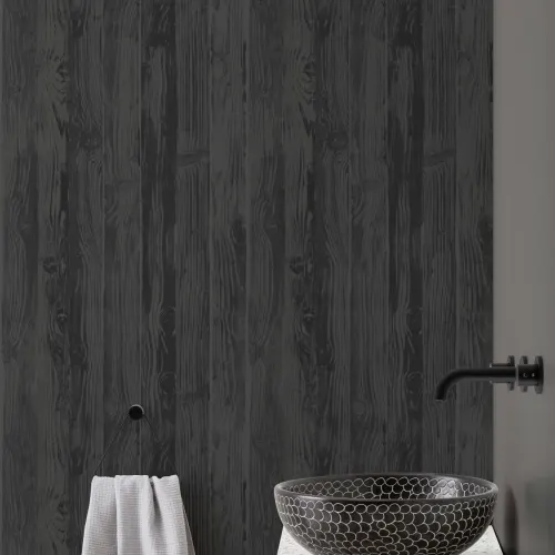 Papel Pintado Imitación Madera Negra y Gris